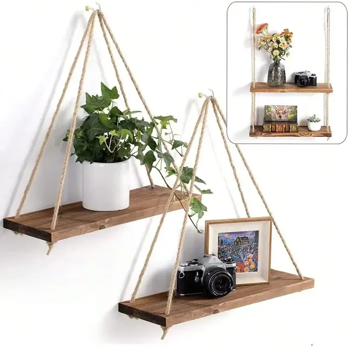 Étagère murale suspendue en bois avec corde de chanvre, plateau flottant pour plantes et pots de fle