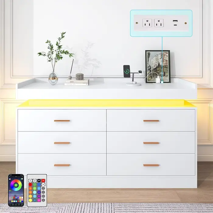 Commode à 6 tiroirs avec station de charge et lumières LED, commode moderne avec prise de courant, a