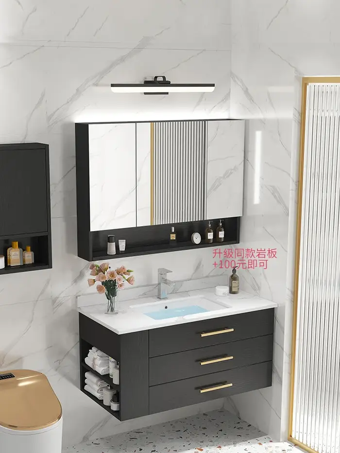 Armoire de rangement de salle de bain moderne, meuble de salle de bain en bois avec miroir, évier mu