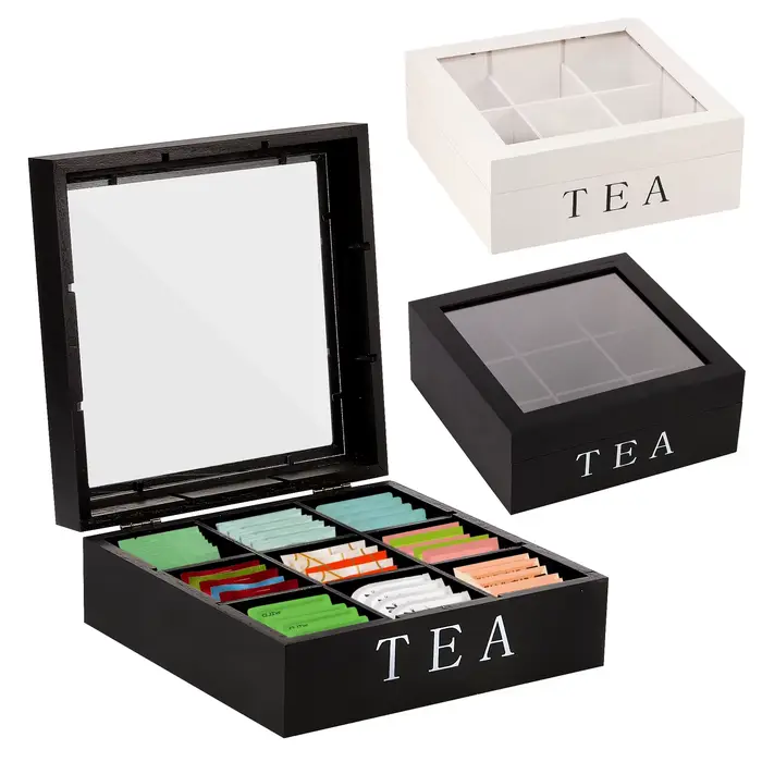 Boîte de rangement de sachets de thé en bois avec couvercle transparent