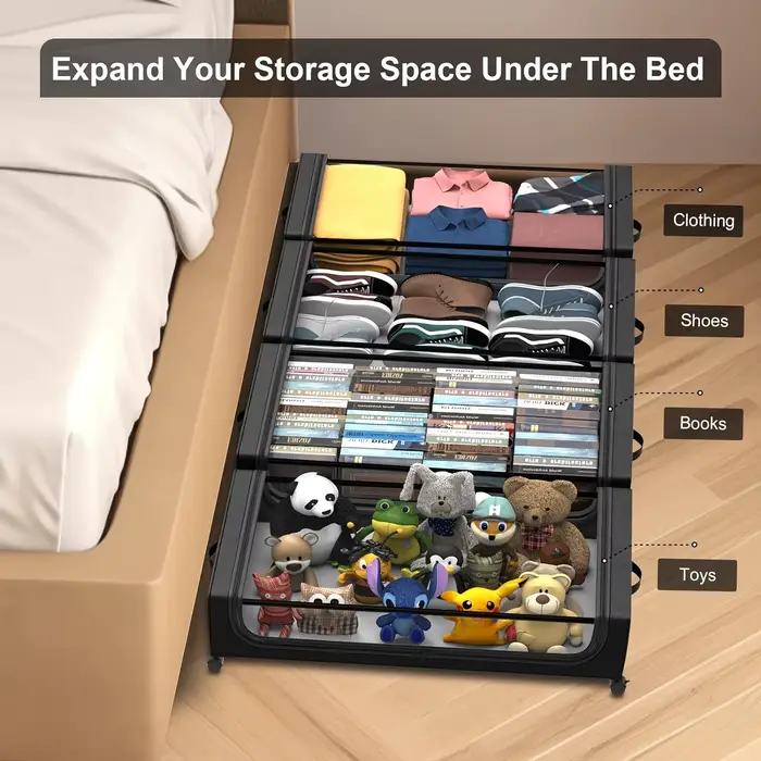 Conteneur de rangement sous le lit 2026 avec roulettes et couvercles, organisateur coulissant gain de place pour vêtements, chaussures, chambre, dortoir, usage domestique