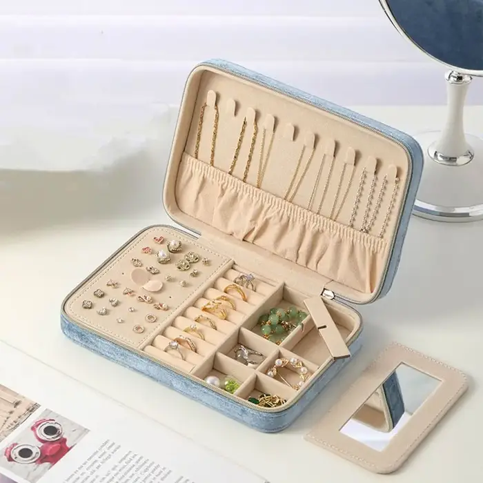 Boîte à bijoux en velours à fermeture éclair