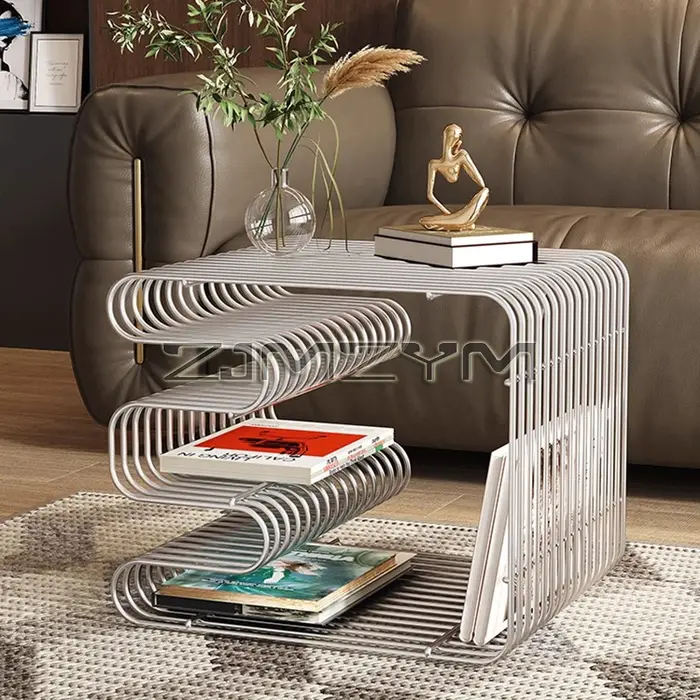Tables basses nordiques en métal avec rangement, Tables d'appoint modernes pour canapé, présentoir d
