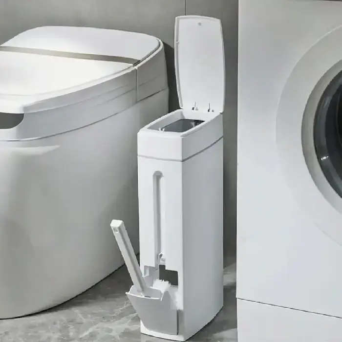 Poubelle de salle de bain peu encombrante, design étroit avec couvercle et brosse WC intégrée, acces