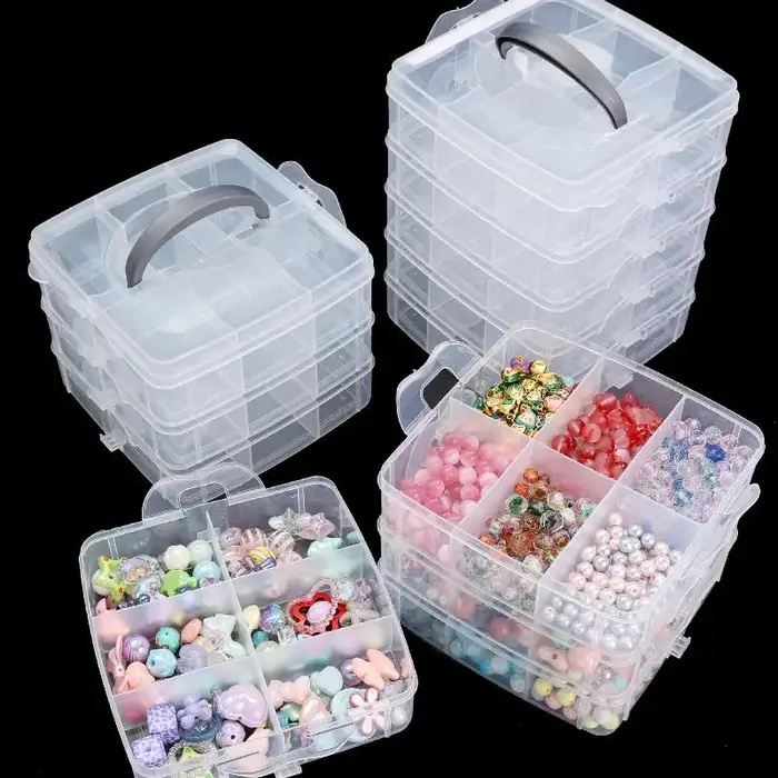 Boîte de rangement en plastique transparente à 3 niveaux et 18 compartiments réglables et empilables pour organiser les