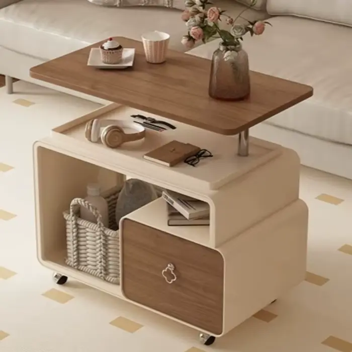 Tables basses de rangement en bois avec plateau relevable sur roulettes