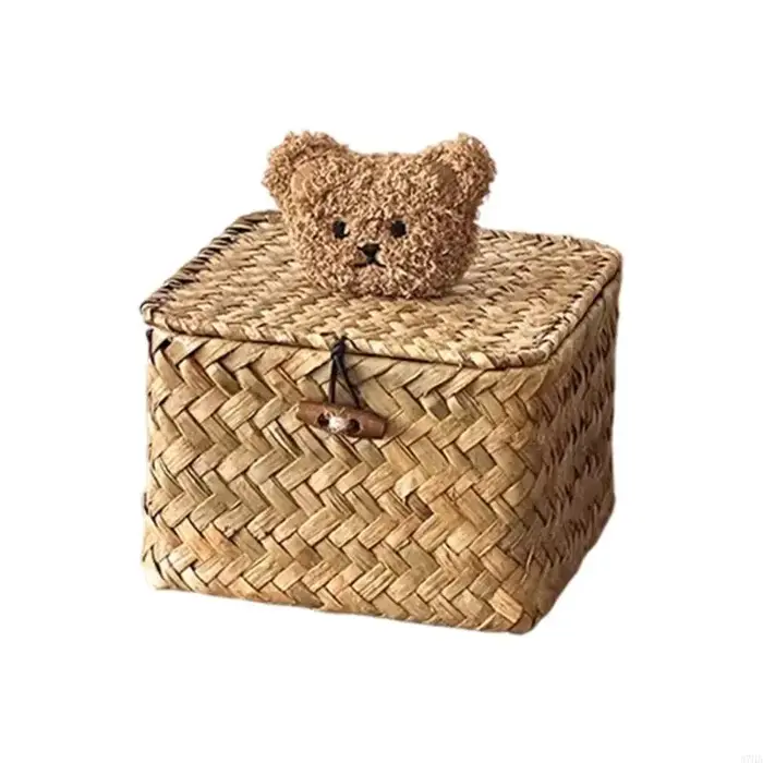 Boîte rangement en jonc mer tissé à main, avec couvercle décoration d'ours, boîte rangement naturell
