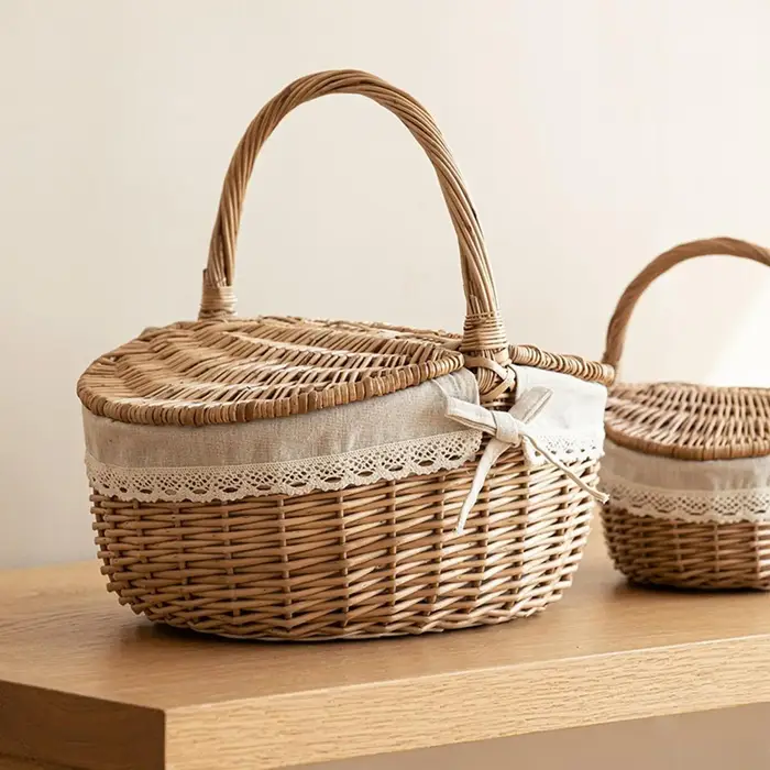 Panier de rangement tissé, panier en saule avec poignée et couvercle, panier de pique-nique en osier