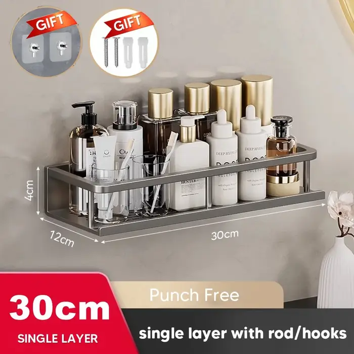 Organisateur de douche en aluminium, étagère de salle de bain sans perçage, étagère de rangement mur