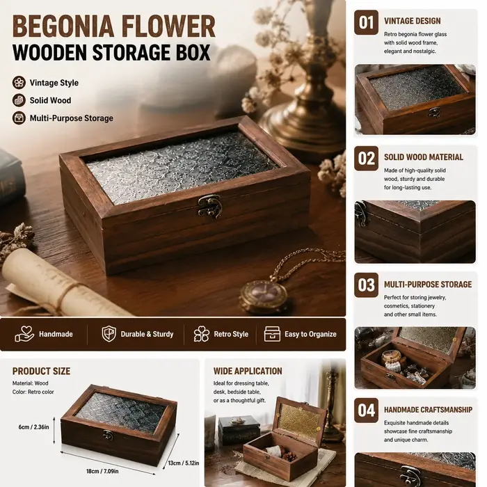 Boîte de rangement rétro en bois uni avec couvercle