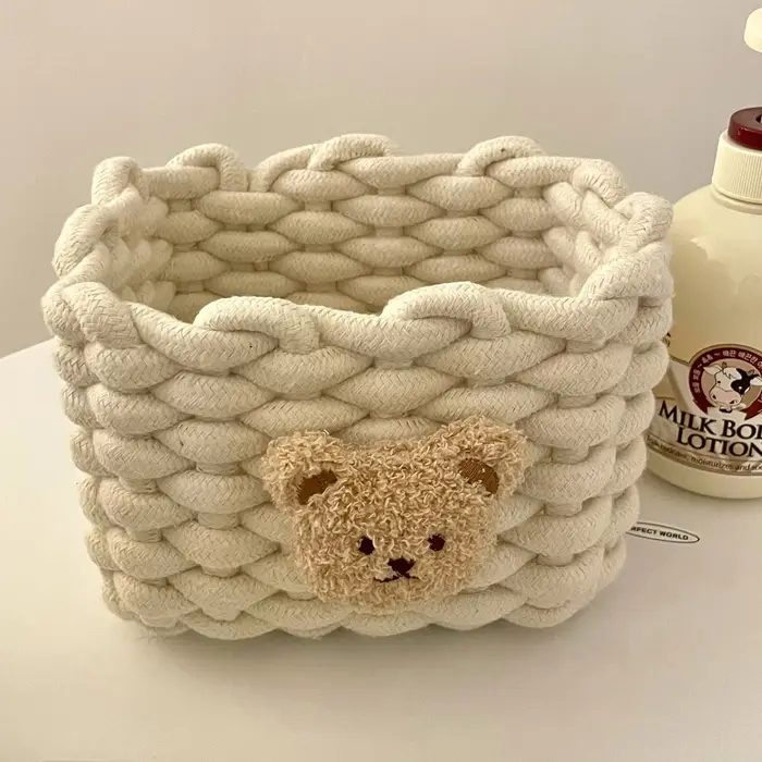 Panier de rangement en corde de coton tissé à la main, animaux de dessin animé, petit ours, jouets p