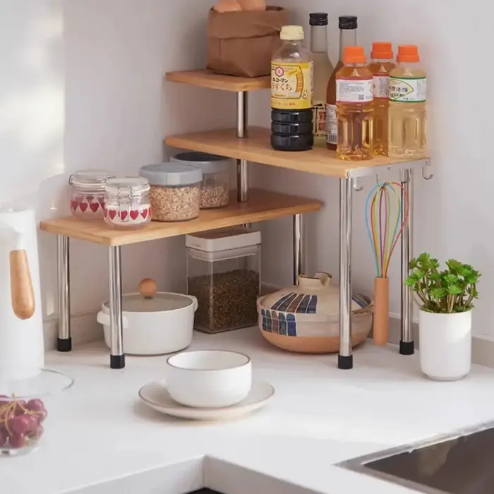 Étagère d'angle de cuisine en bambou