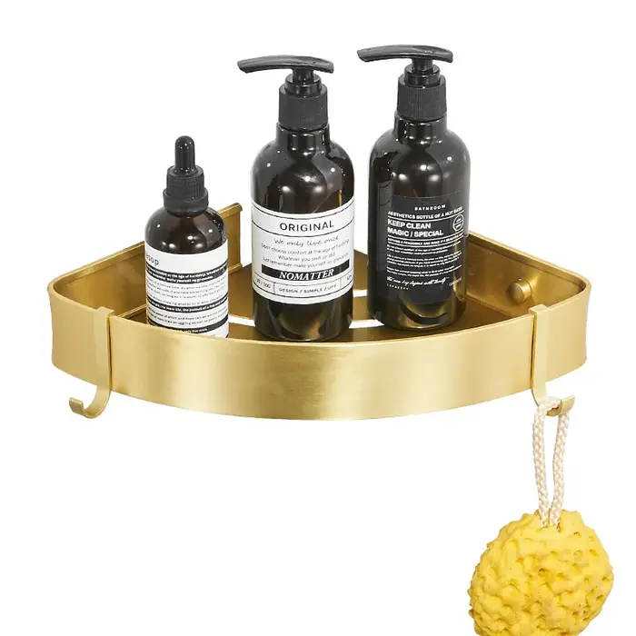 Étagère d'angle de salle de bain en métal doré brossé, étagère murale de rangement, perçage, grande 