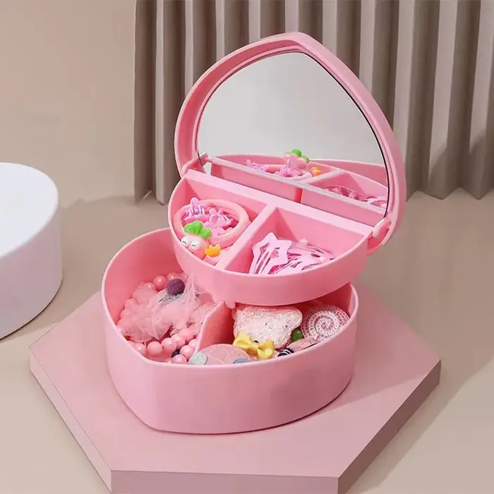 Boîte de rangement pour bijoux en forme de cœur pour filles avec miroir, rose et blanc, en plastique, organisateur de bracelets et d'élastiques à cheveux, présentoir de bijoux pour tiroir ou bureau de