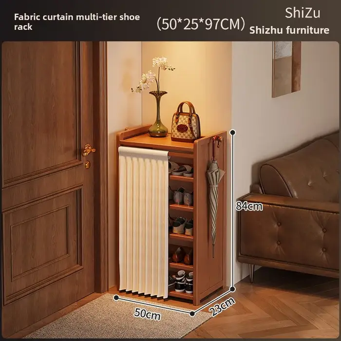 Armoire à chaussures en bambou, étagère de rangement avec rideau en tissu anti-poussière, étagère à 