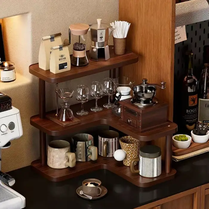Étagère d'angle en L à 3 niveaux en bois, support de rangement de bureau en noyer, organisateur d'épices de cuisine pour station à café, comptoir et présentoir à tasses