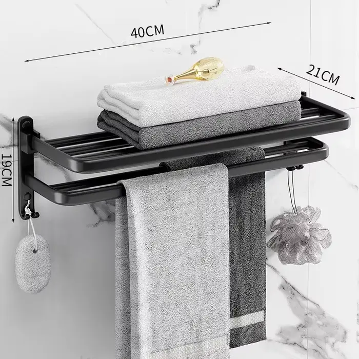 Porte-serviettes mural en aluminium noir, 40-60CM, accessoires de salle de bains, organisateur pliab