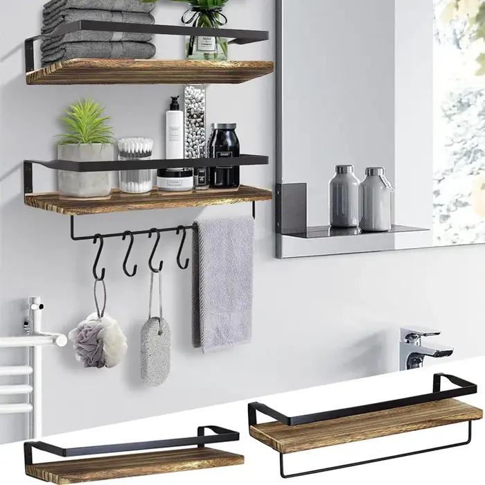 Accessoires de salle de bain et de cuisine : Étagère murale flottante en bois massif à fixer par perçage, pour rangement d'accessoires et matériel de rangement.