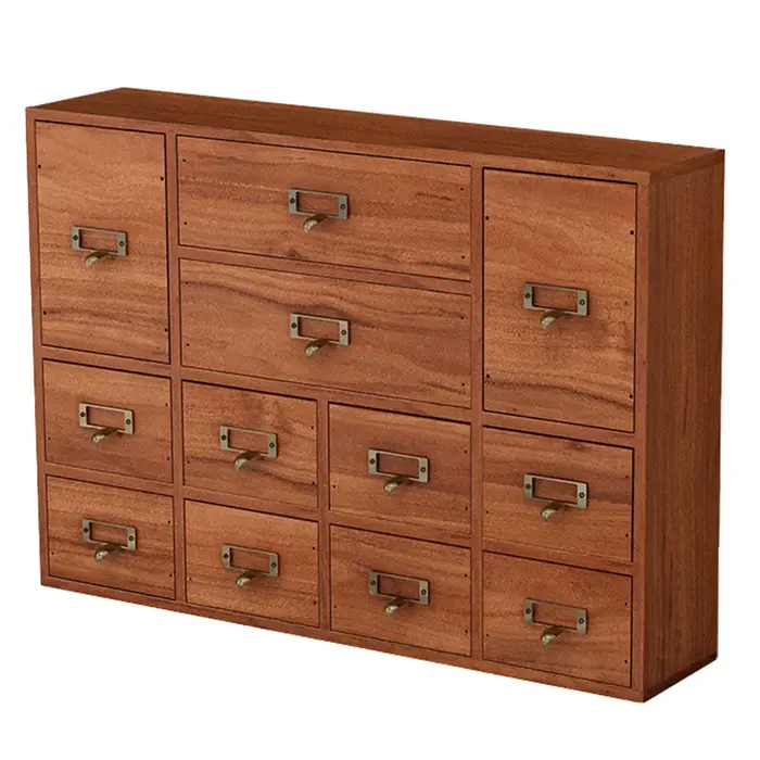 Armoire d'apothicaire en bois à 12 tiroirs, avec fente pour étiquettes et poignée en métal, organisa