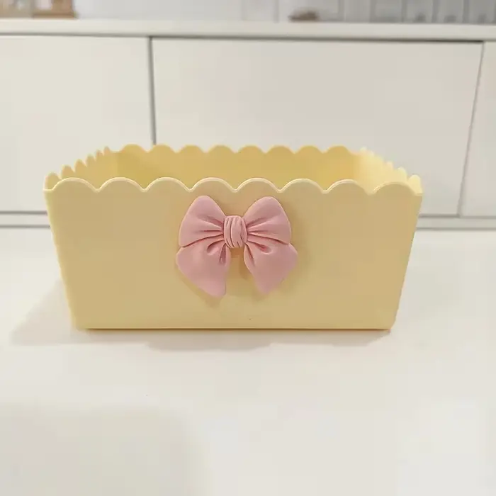 Boîte de rangement de bureau en plastique jaune avec nœud, organiseur de cosmétiques, panier à frian