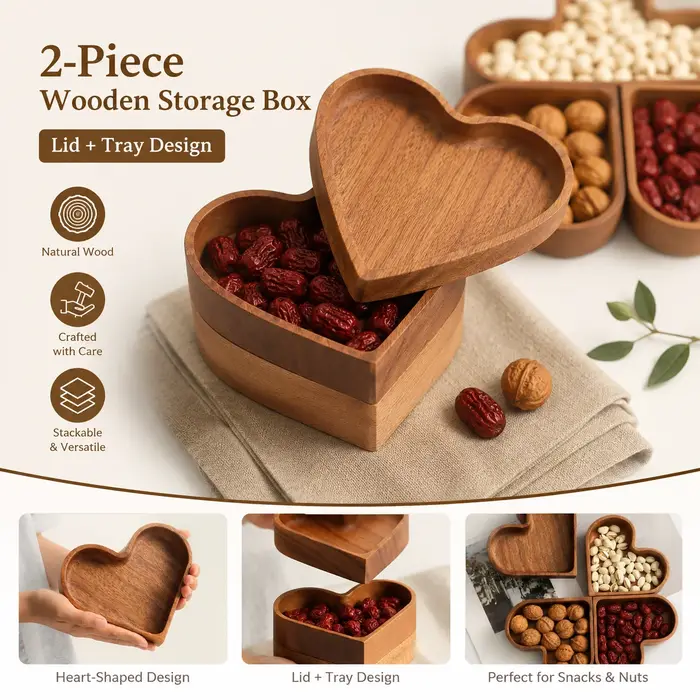 Ensemble de plateaux à collation en bois en forme de cœur QA