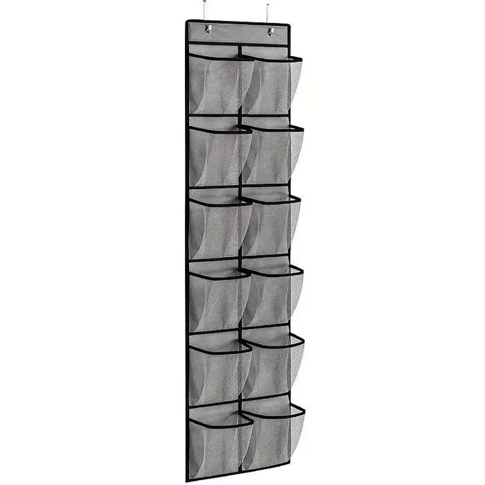 Organisateur de rangement pour chaussures suspendu sur la porte, 12 poches en filet, 2 crochets méta