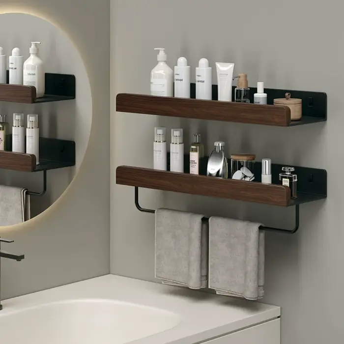 Étagère de rangement pour salle de bain en bois noir