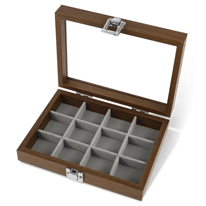 Boîte carrée transparente en bois à 12 compartiments pour collection de roches, pierres naturelles, 