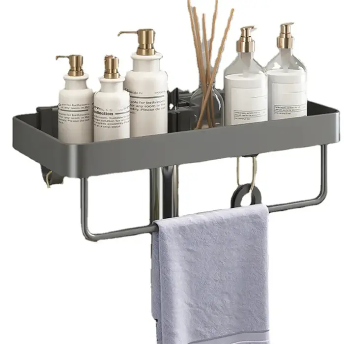 FLYY-étagère de douche en aluminium avec porte-serviettes, organisateur de salle de bain sans perceu