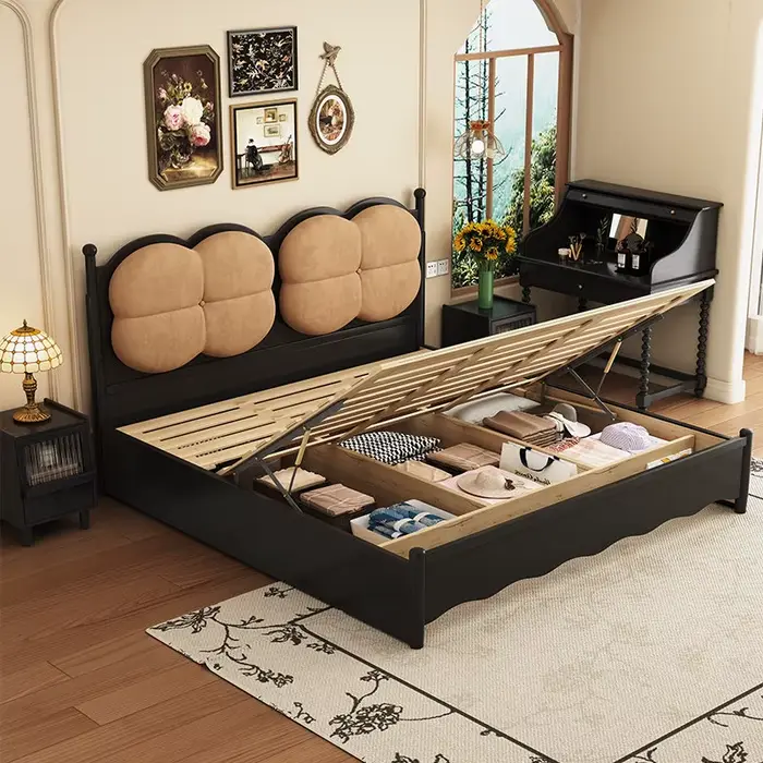 Lit en bois massif 150x200cm pour 2 personnes, avec tête de lit design, style nordique, avec rangement, lit double Queen Size, mobilier de chambre à coucher pour mariage