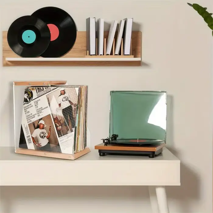 Support pour disques vinyles en bois et acrylique - Étagère de rangement de bureau