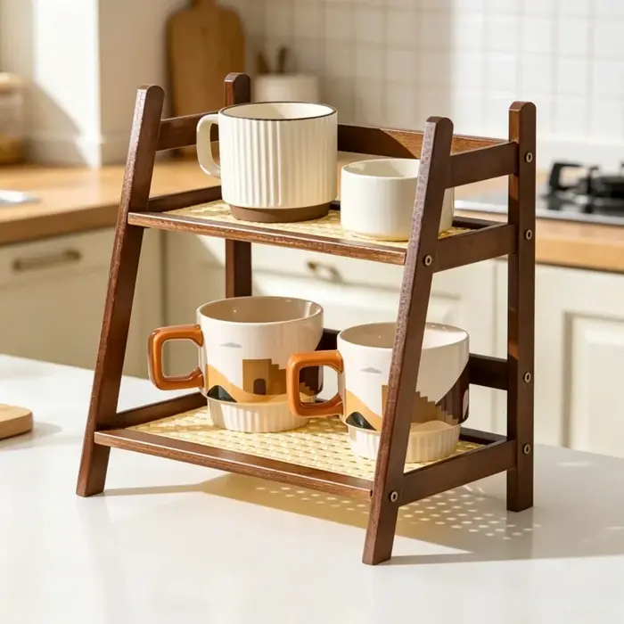 Organisateur de comptoir à 2 niveaux en bambou - Étagère multifonctionnelle pour porte-tasses à café pour la cuisine
