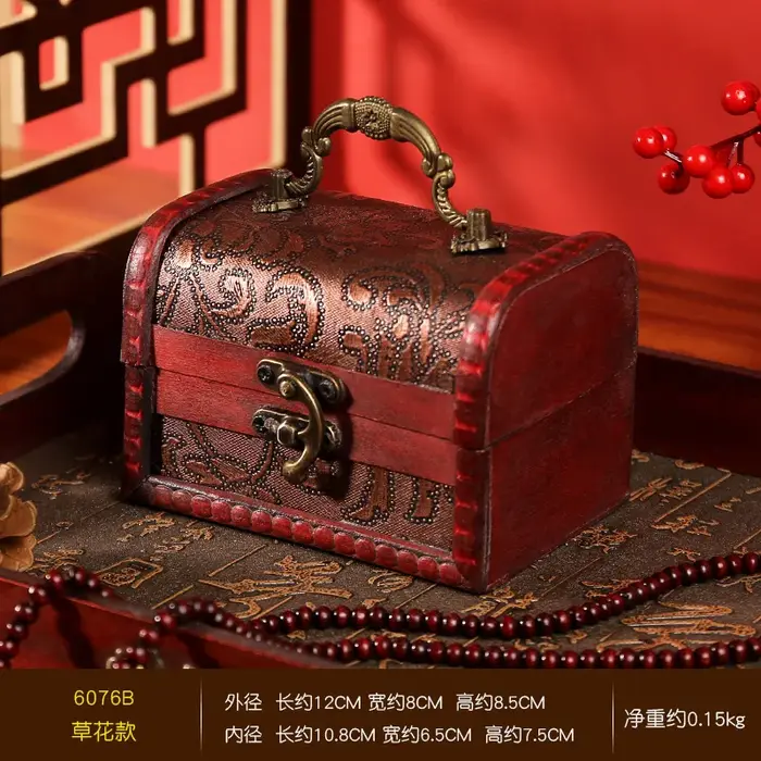 Boîte de rangement pour bijoux Yuan Datou en bois antique rétro avec cristal et pierre verte - Meill