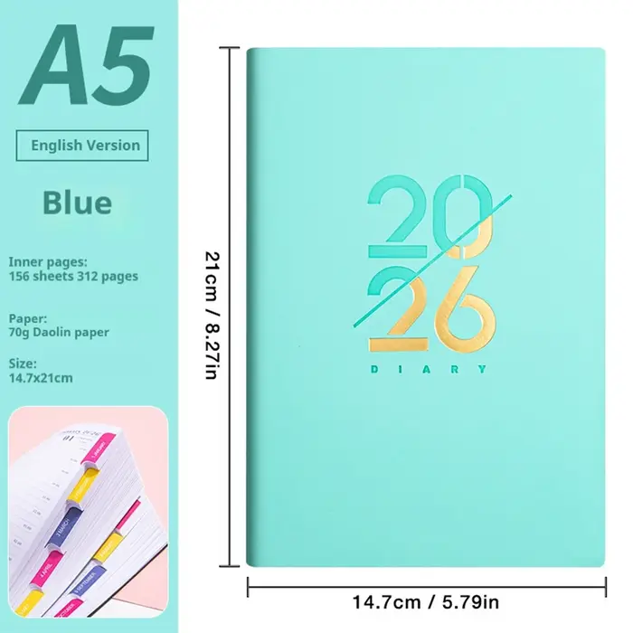 Organisateur de planificateur A5, Pages multilingue, couverture dorée en PU, papier essentiel 70g/m2