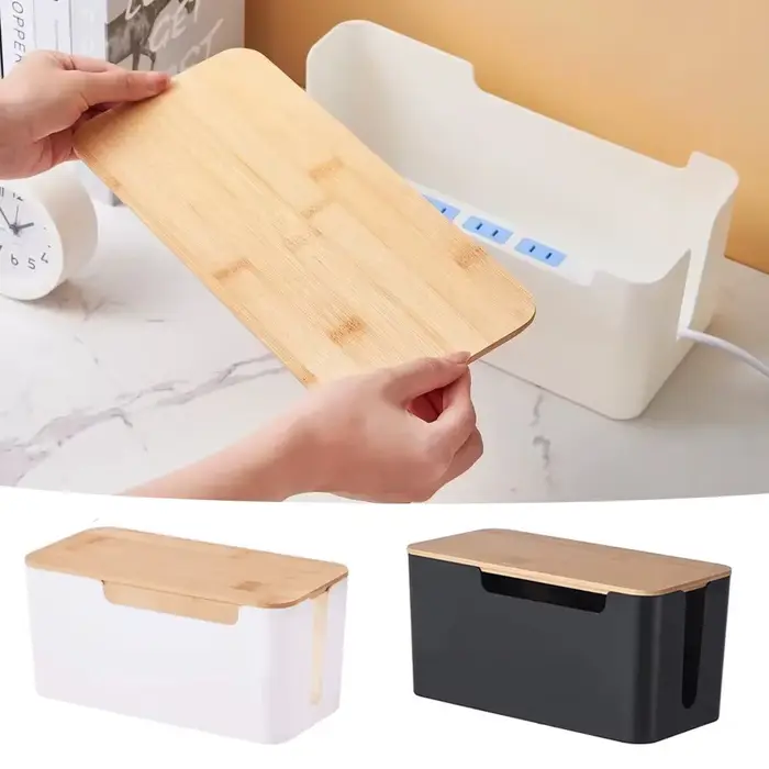 Boîte de rangement de câbles de bureau en bois
