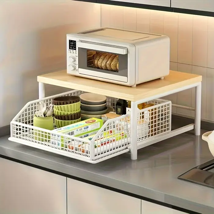 Maximisez l'espace ! Étagère robuste en bois dur avec tiroir et panier en fil métallique. Parfait po