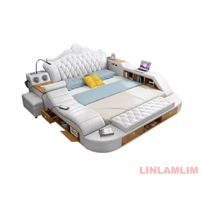 Lit de rangement moderne de luxe en cuir véritable, lit plateforme multifonctionnel intelligent et r