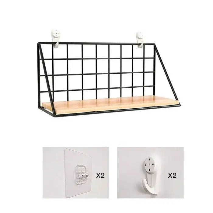 Étagère murale pratique en bois et fer noir, grille de rangement murale sans poinçon, panier suspend
