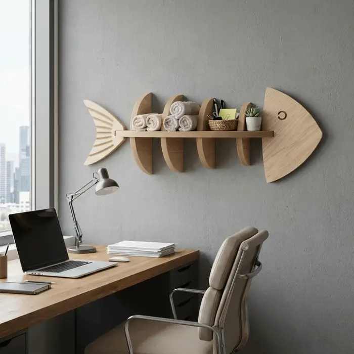 Étagère murale vintage en bois en forme de poisson
