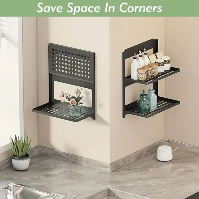 Étagère de rangement murale pliable en fer noir à 2 niveaux