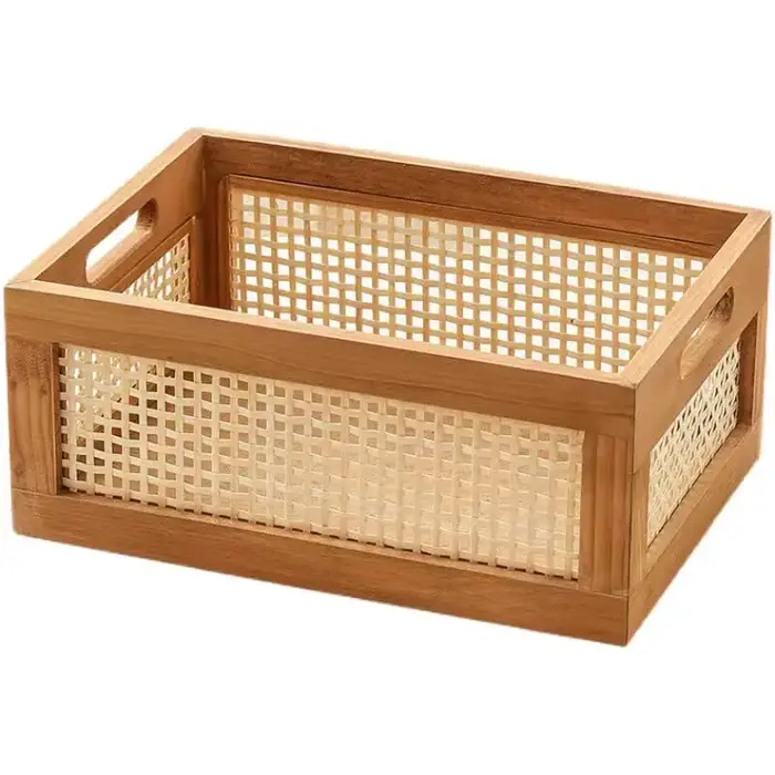Boîte de rangement rétro en bois massif, panier de bureau en rotin, livres, collations, fruits, cosm