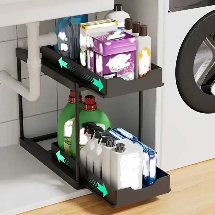 Étagère de rangement coulissante à 2 niveaux pour cuisine - Organisateur de tiroir multifonctionnel 