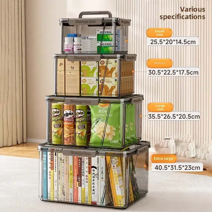 Boîte de rangement portable transparente pour la maison avec couvercle