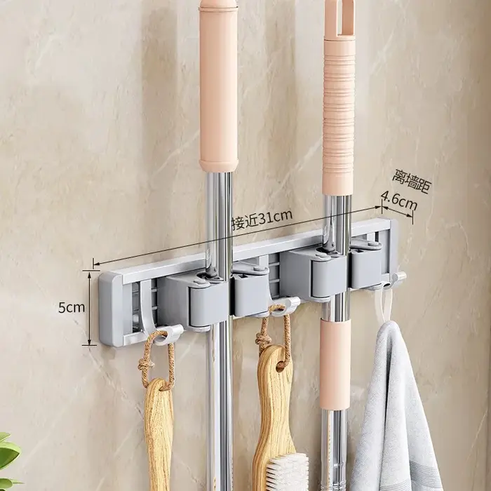Support mural pour balais en acier inoxydable, 4 crochets, 5 patères, organisateur de balais et serp