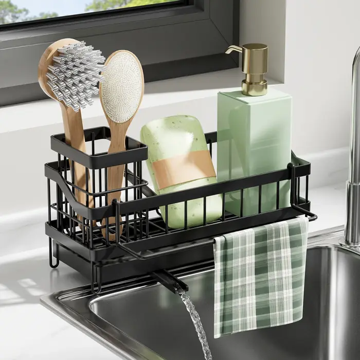 Étagère de rangement robuste noire pour évier de cuisine avec plateau de drainage