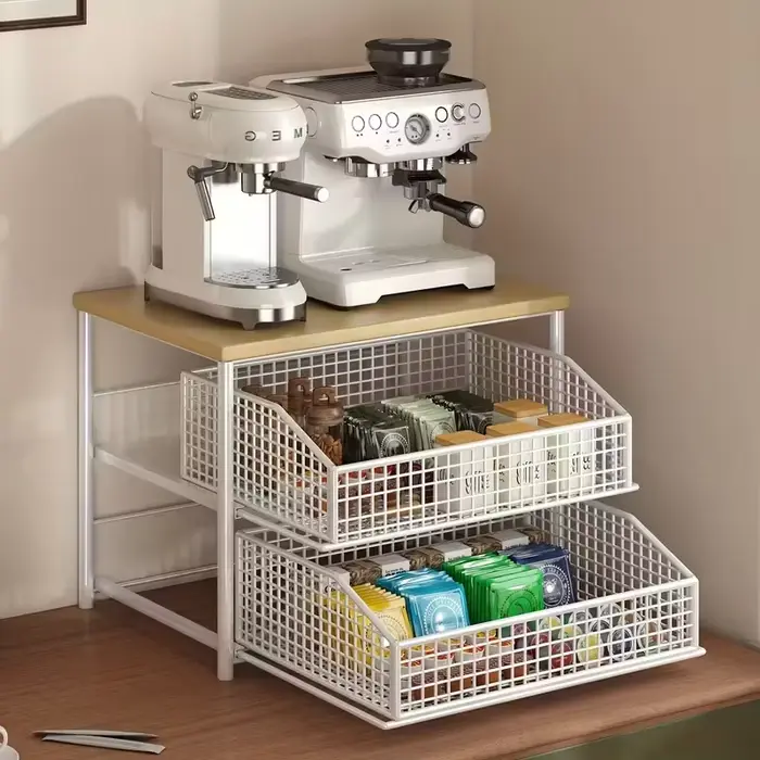 1 support de rangement pour comptoir de cuisine peu encombrant avec tiroirs et paniers métalliques