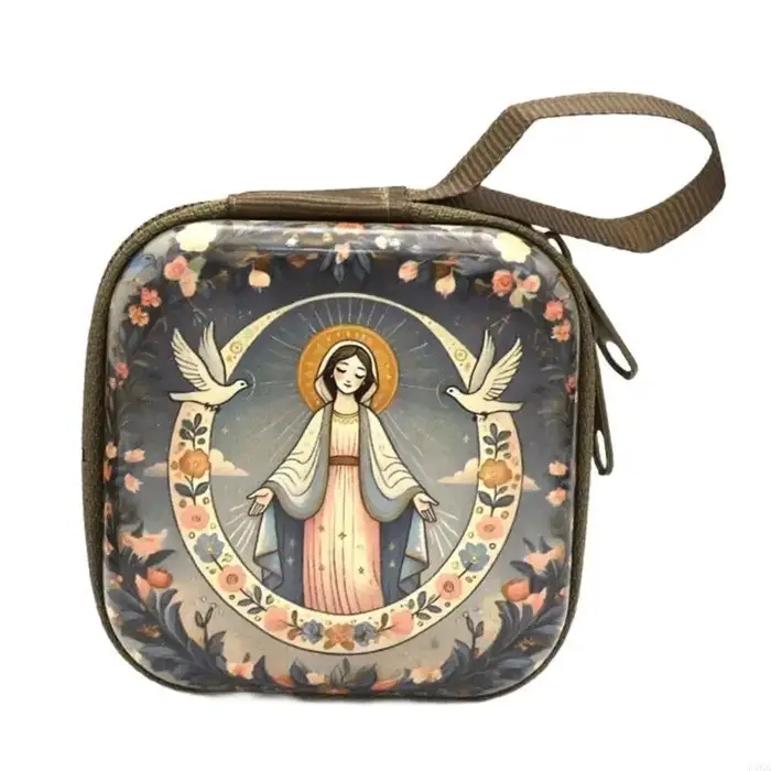 pour écouteurs, boîte rangement bijoux religieux, pochette chapelet catholique, porte-monnaie