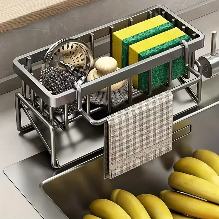 Porte-éponge pour évier de cuisine, organisateur d'évier de cuisine à vidange automatique en plastiq