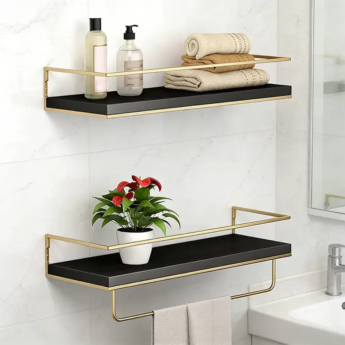 Étagère murale à cadre doré, double couche avec porte-serviettes, étanche, multicolore, pour salle d