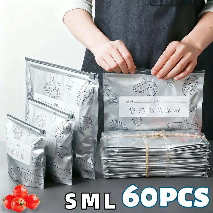 Sacs de rangement en papier d'aluminium, 60 pièces, organisateurs scellés pour congélateur, emballage alimentaire, garde-manger réutilisable, sac anti-odeur, essentiel de cuisine